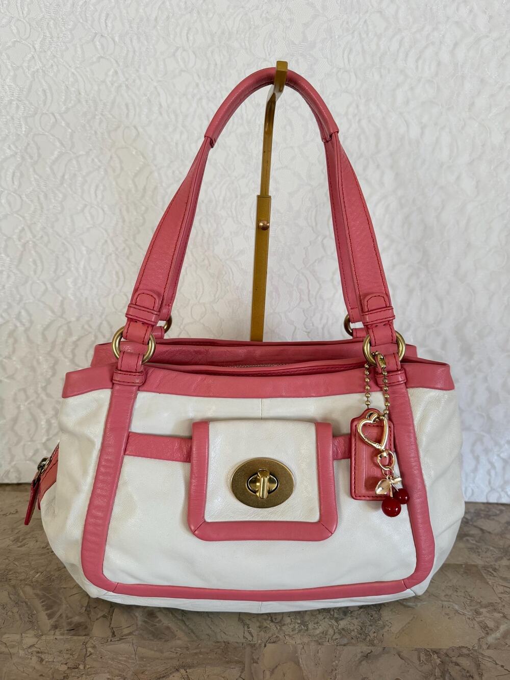 Coach Cricket spectator White Coral Pink Leather Tote Shoulder Bag Purse 13601